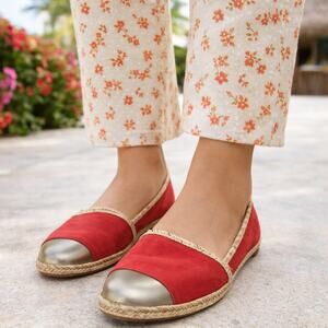 Stuart Weitzman Red Suede Espadrille Flats Gold Cap Toe Loafers Size 7.5